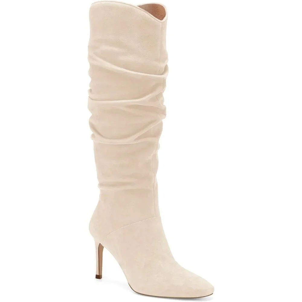 Womens Faux Suede Beige Knee High Almond Toe Side Zipper Stiletto Heel Booties